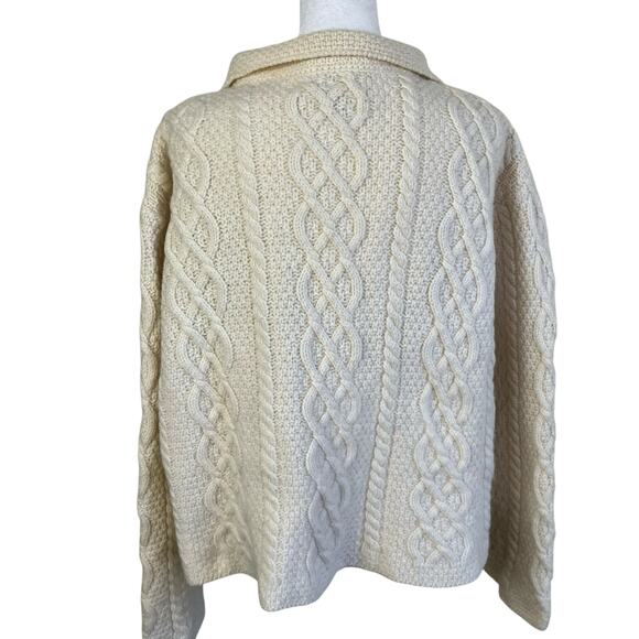 Paul James Sz L 100% Wool Chunky Cable Knit Cardigan Cream Fisherman Shrunken - Picture 5 of 16